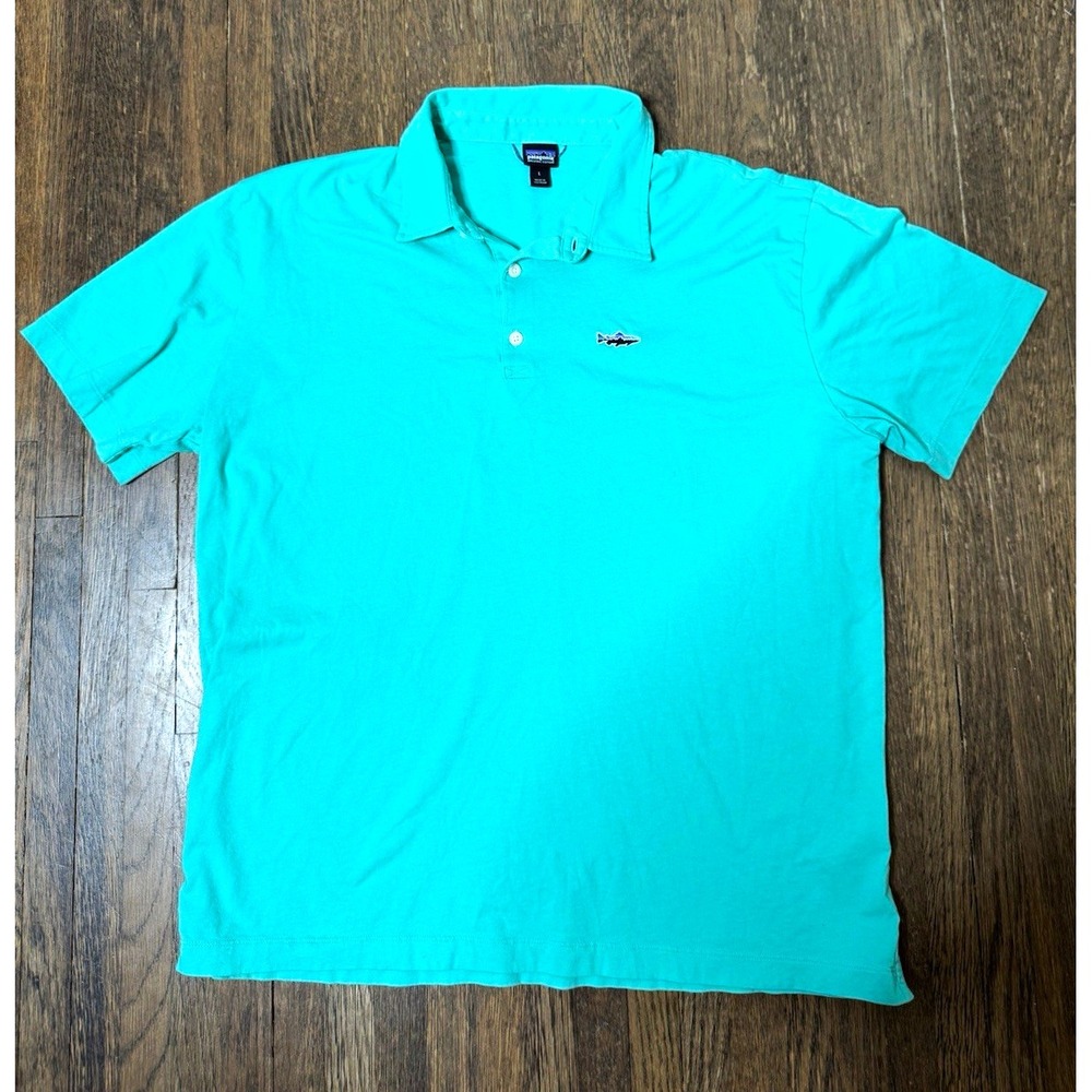 Patagonia Mens L Organic Cotton Polo Shirt Green Solid SS Embroidered Fish Logo